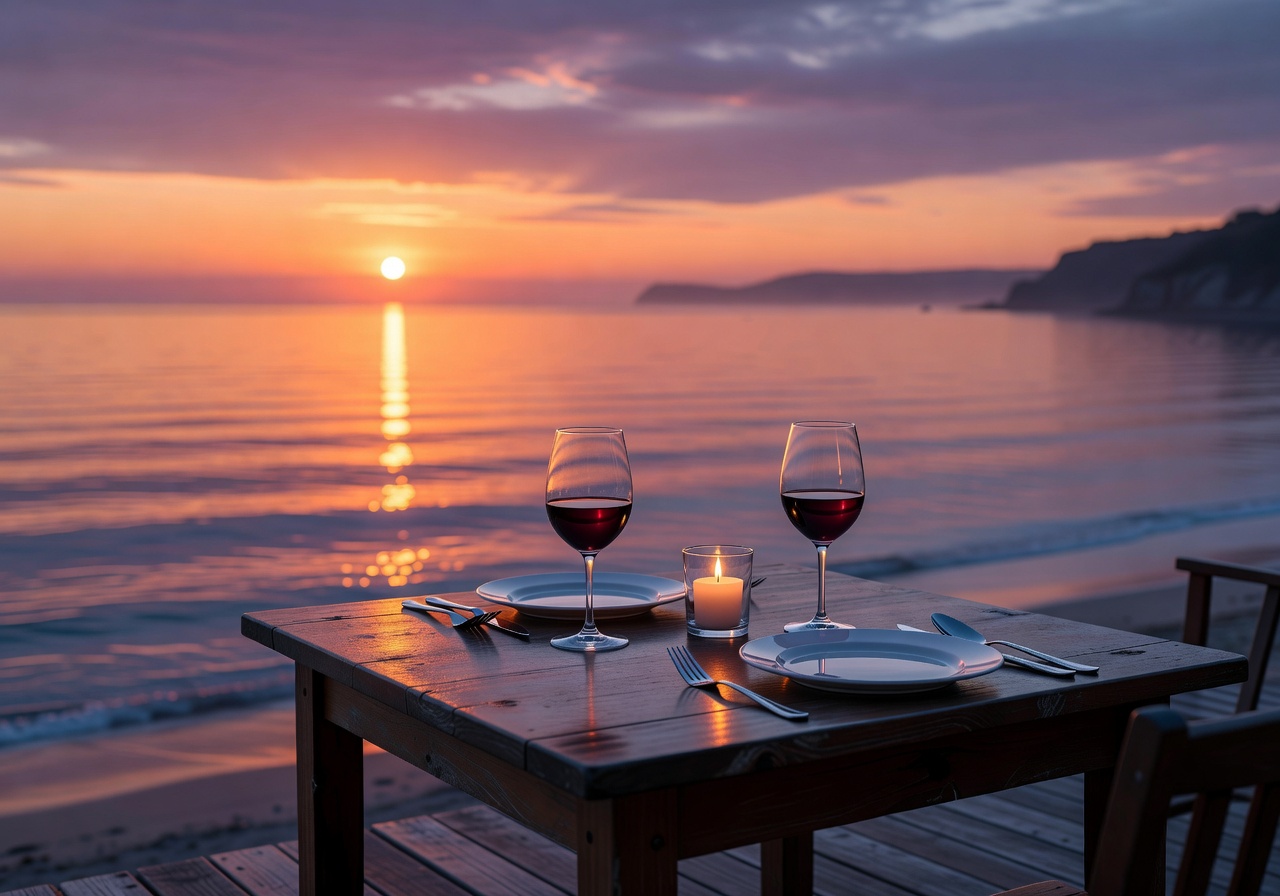 Beautiful seaside sunset view from a dining table