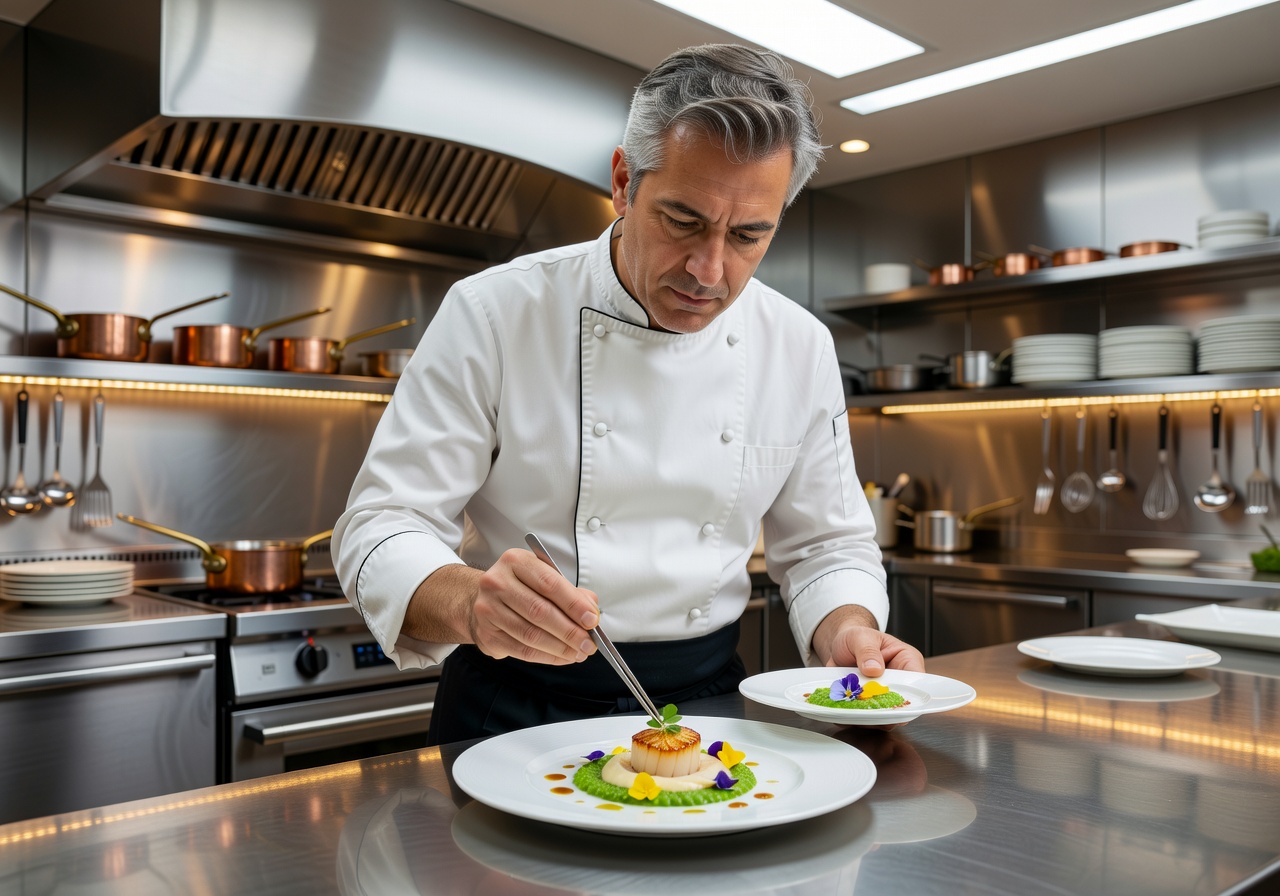 Chef preparing fine dining dish in an upscale kitchen