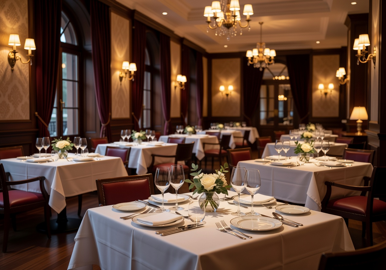 Elegant restaurant interior with warm lighting and set tables