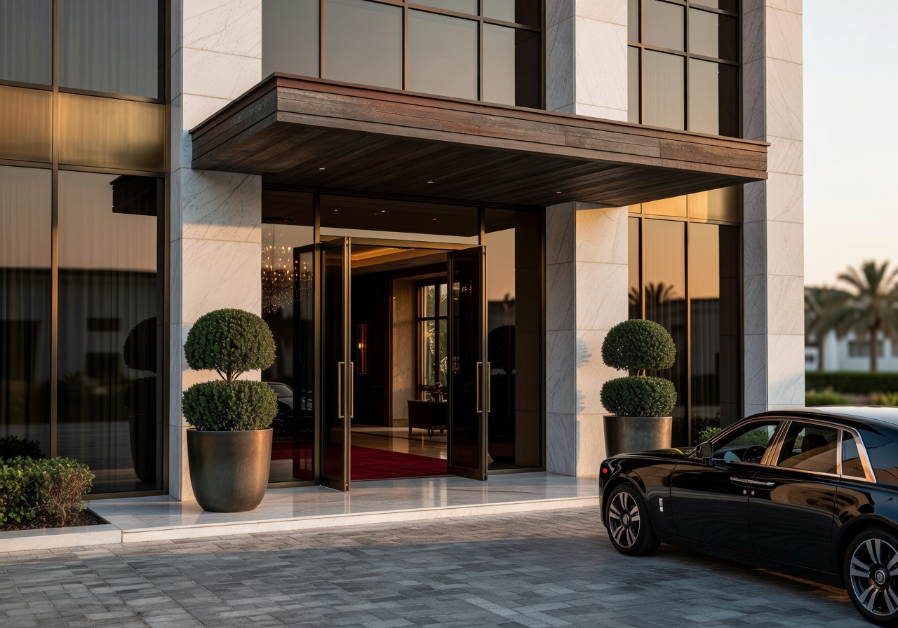 Luxury hotel exterior and entrance area