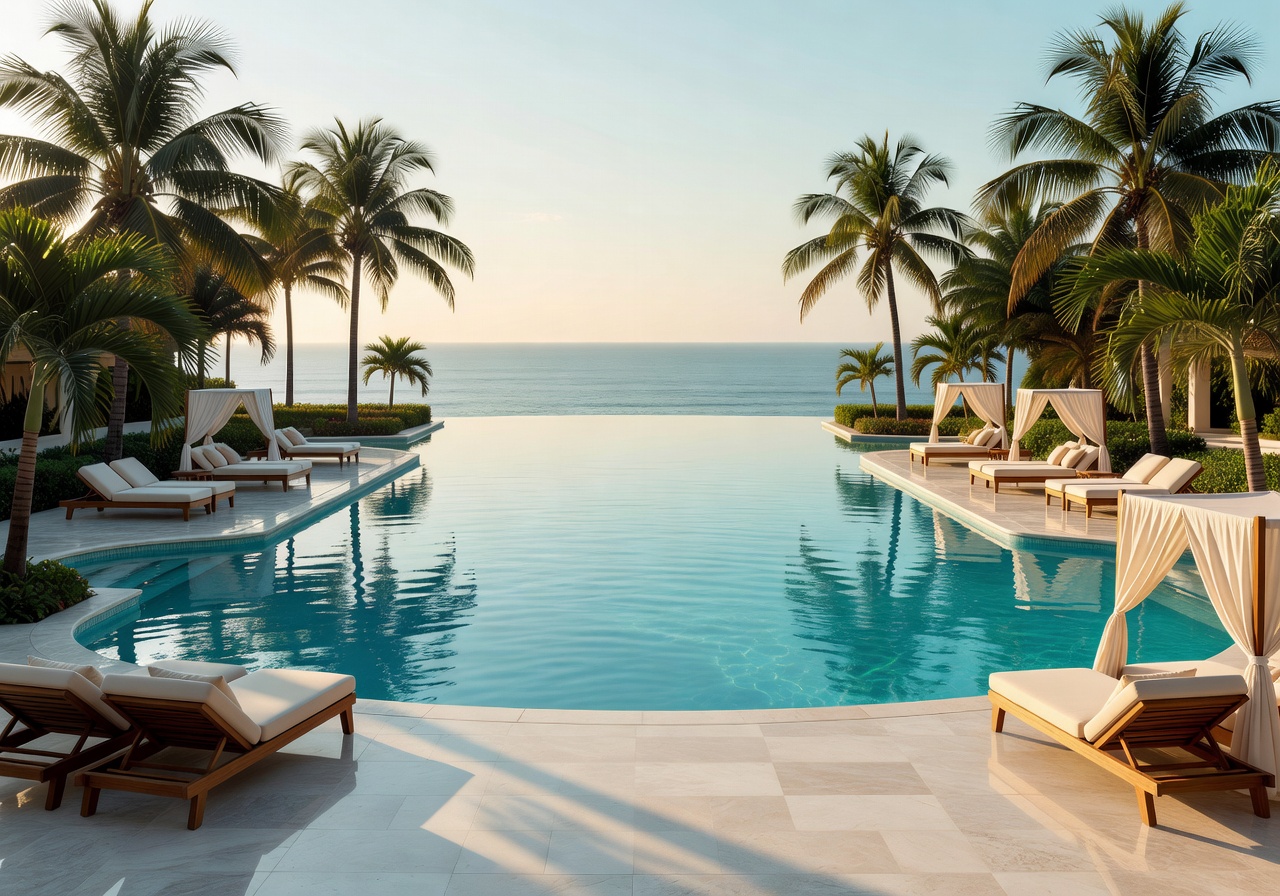Luxury resort pool area surrounded by palm trees