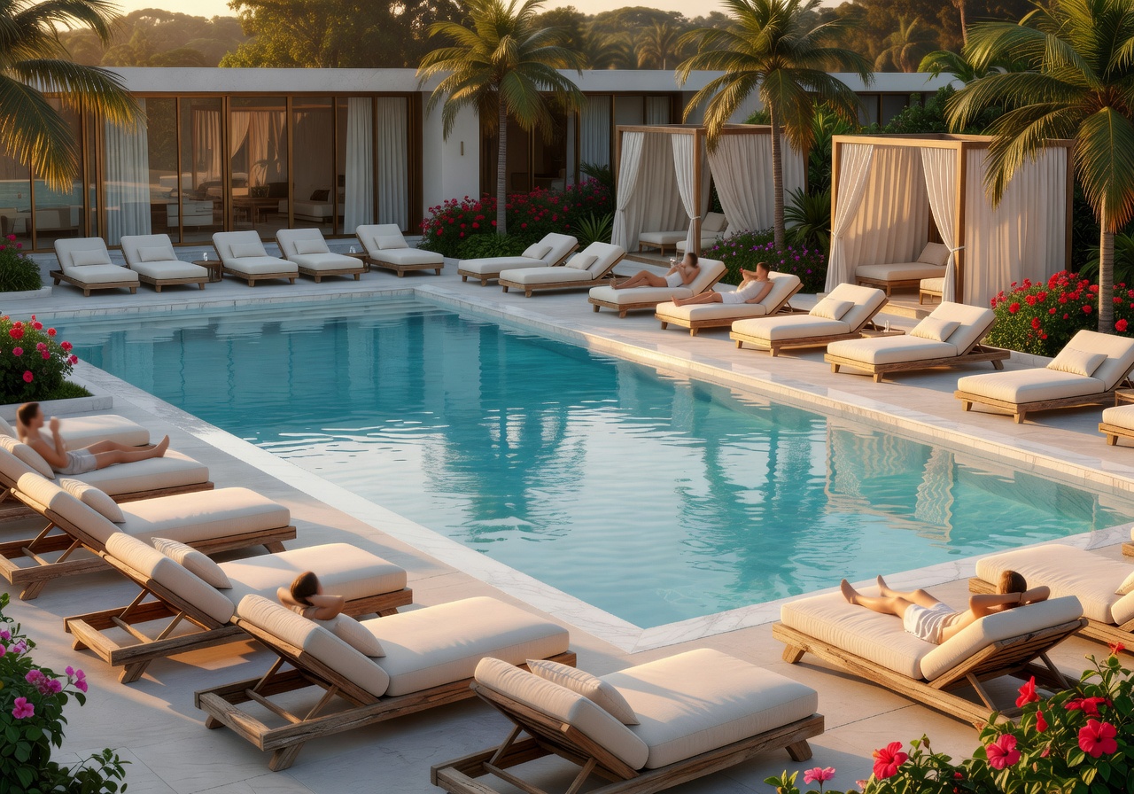 Relaxing luxury hotel pool surrounded by loungers