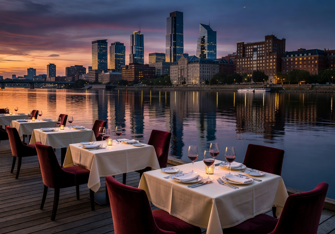 Riverside dining and city skyline at dusk