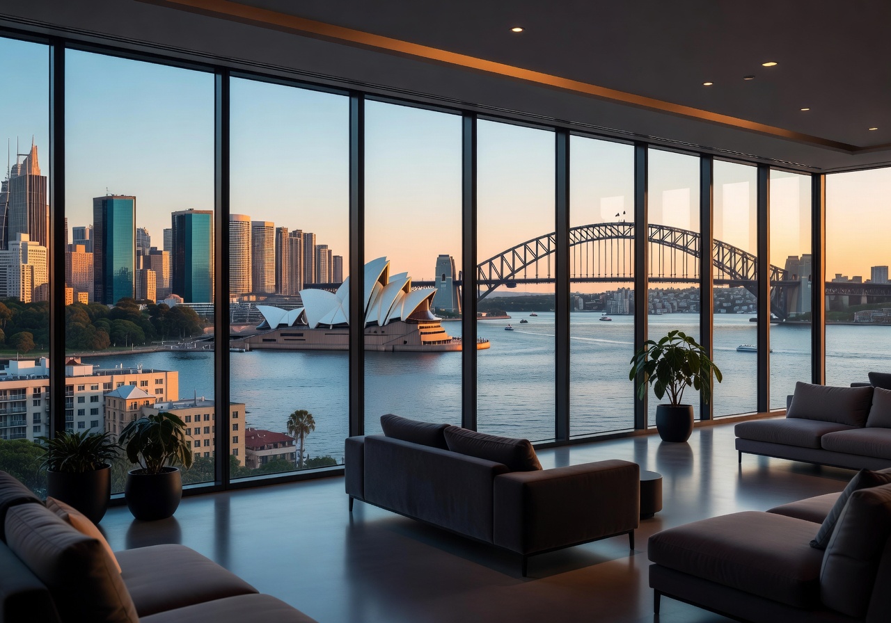 Sydney cityscape view from a modern hotel lounge