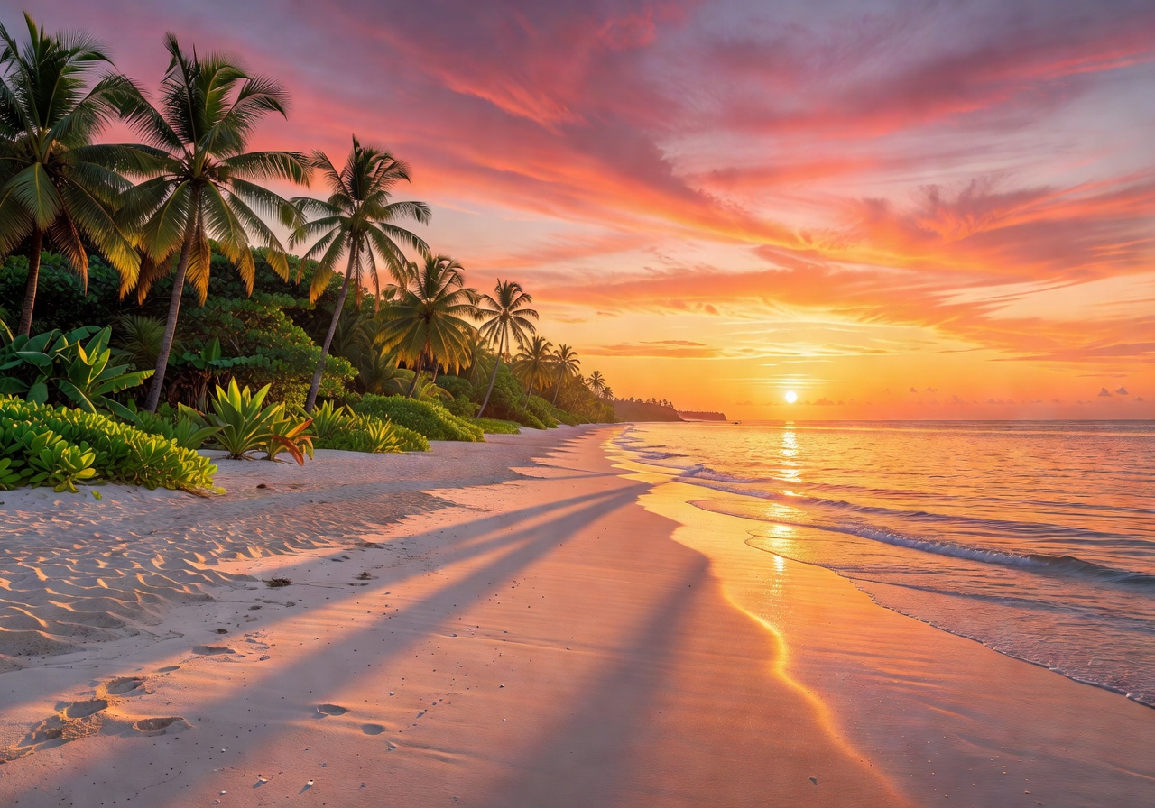 Tropical beach side view at sunset