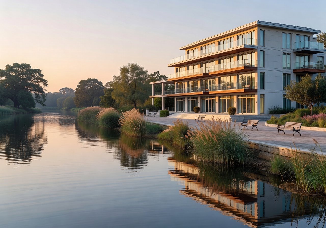 Waterfront hotel view beside a calm river